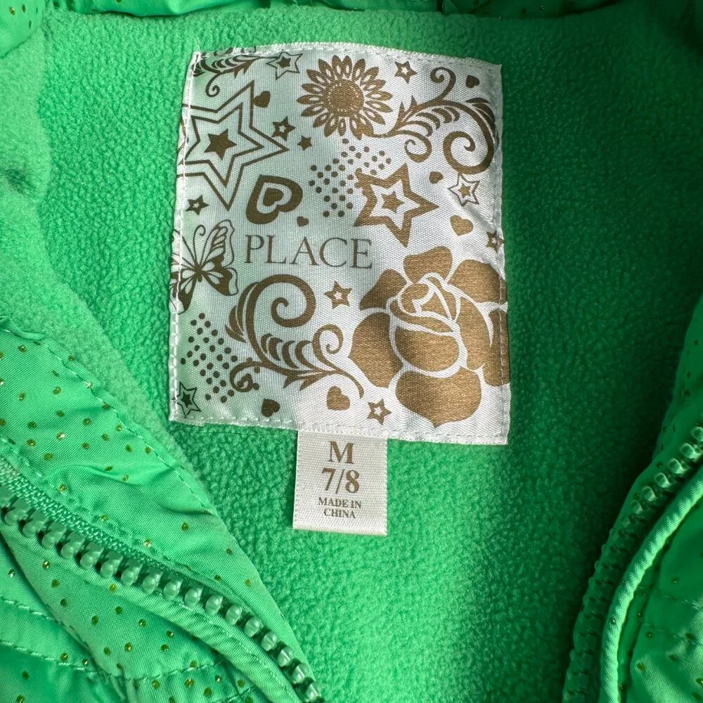 Childrens Place Girls Green Sparkle Puffer Vest Fur Hood 7 8 Removable Hood